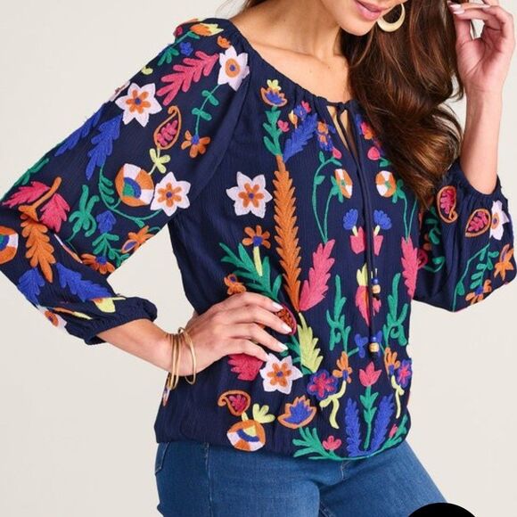 Soft Surroundings Tops - Soft Surroundings Banjara Embroidered Boho Peasant Blouse Navy Blue Size Small